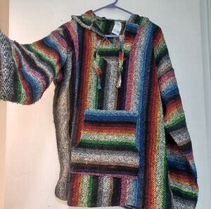 Rainbow Boho Pocket Hoodie Baja Serape Jacket XL